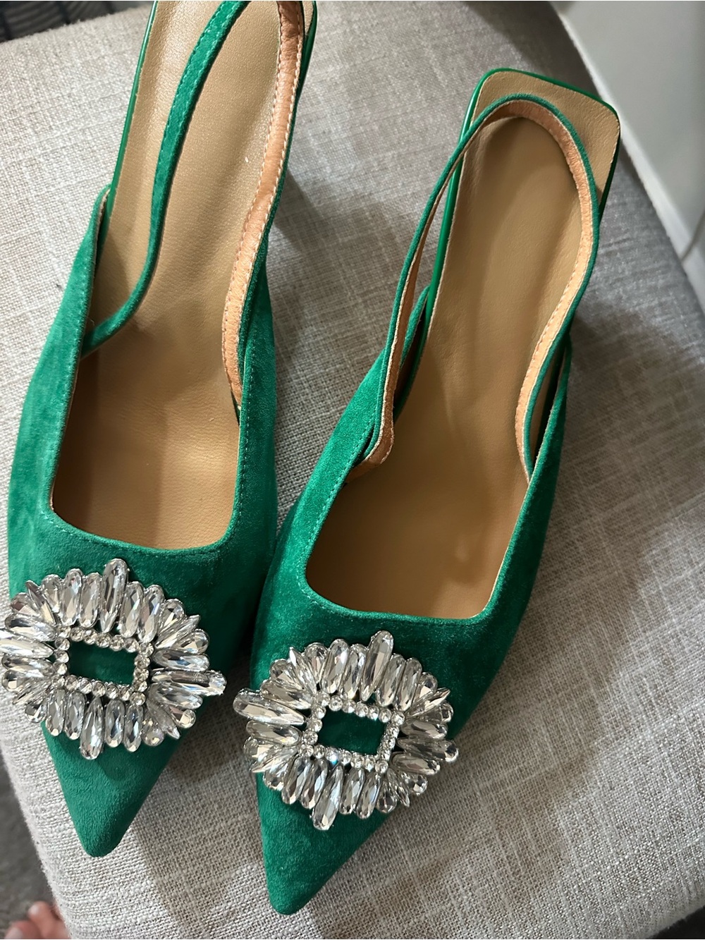 Green Suede Pointed Slingback Mules with Crystal Embellishment
